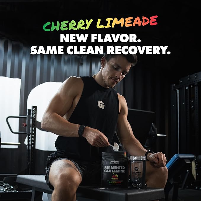 Gains in Bulk L-Glutamine, Gluten Free Glutamine Powder for Muscle Recovery and Growth, Post Workout Support, Amino Acid Supplement, Promotes Protein Synthesis, Non GMO, Cherry Limeade, 30 Servings