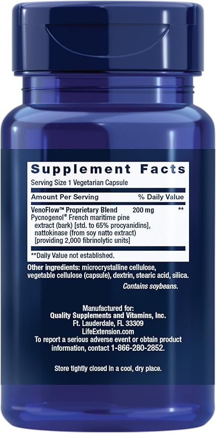 Life Extension VenoFlow™, nattokinase Enzyme, French Maritime Pine bark Extract, Supports Healthy Vascular Function, arm and Leg Circulation, Gluten Free, Non-GMO, Vegetarian, 1-Daily, 30 Capsules