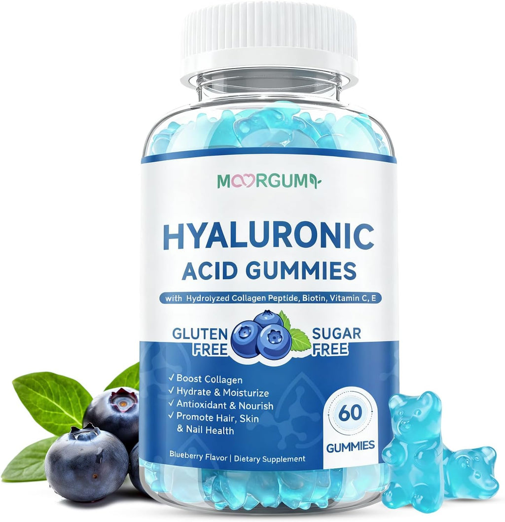 Hyaluronic Acid Supplements 1000 mg, with Hydrolyzed Collagen Peptide, Biotin, Vitamin C & E, Supports Skin, Hair & Nails Health, Bioavailable Formula Gummies, Blueberry Flavor, 60 Count