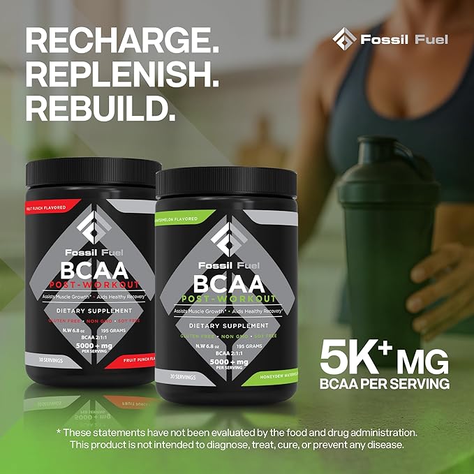Fossil Fuel Sugar-Free BCAA Powder – Post-Workout Muscle Recovery with BCAAs, Glutamine, Vitamin B6, Amino Acids, Endurance & Hydration, Honeydew Watermelon (30 Servings)