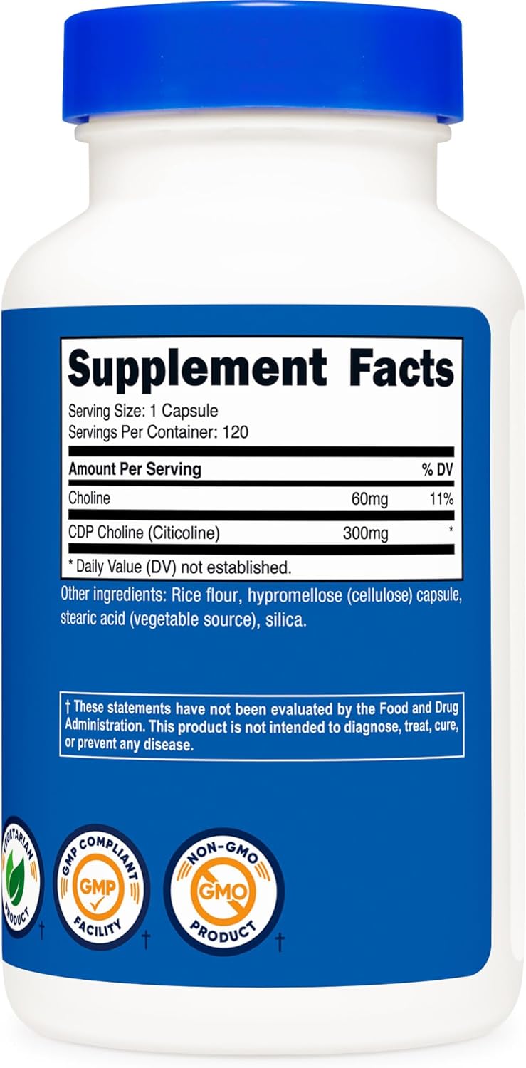 Nutricost CDP Choline (Citicoline) 300mg, 120 Vegetarian Capsules - Non-GMO, Vegetarian Friendly, Gluten Free