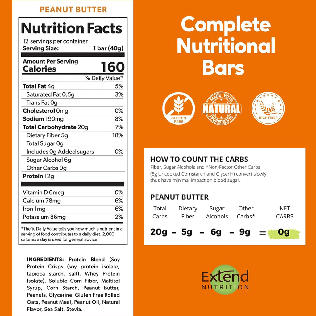 Extend Sugar Free Protein Bars, Perfect Diabetic Snacks, High Protein and Fiber, Hunger Control & Steady Energy, Low Carb, Keto Friendly (Peanut Butter)