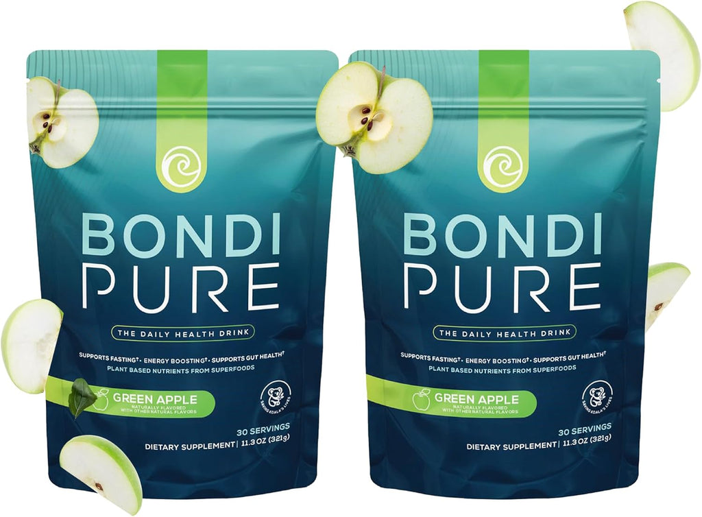 Bondi Pure - Daily Health & Detox Drink - Promote Gut Health & Energy Support During a Cleanse or Intermittent Fasting - Plant-Based Fibers, Alkalizing Super Greens - Green Apple (2-Pack)