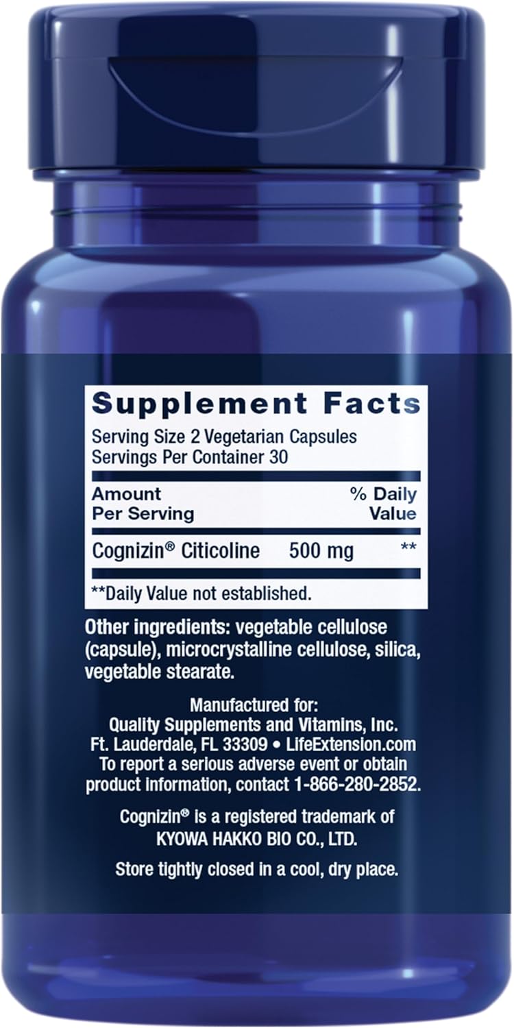 Life Extension Citicoline (CDP-Choline) - Citicoline Supplement for Brain & Cognitive Health, Focus, Attention, Memory Function - Non-GMO, Gluten Free, Vegetarian - 60 Capsules