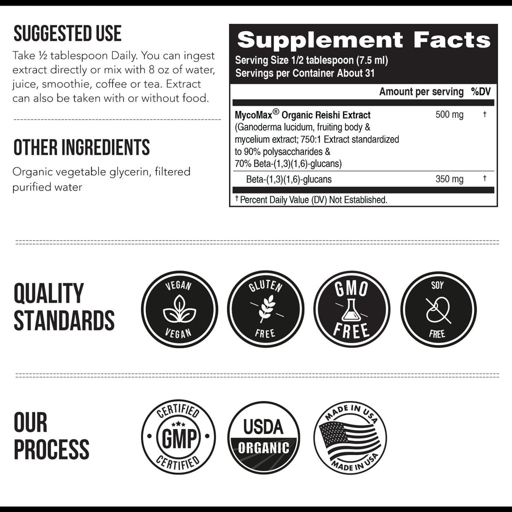 Organic Reishi Mushroom Extract - 70% Beta Glucans - Highest Active Nutrient Levels, Max Potency Cordyceps Tincuture, US Grown + Ultrasonic Extraction - Energy, Immunity, Sleep and Stress - 8 oz.