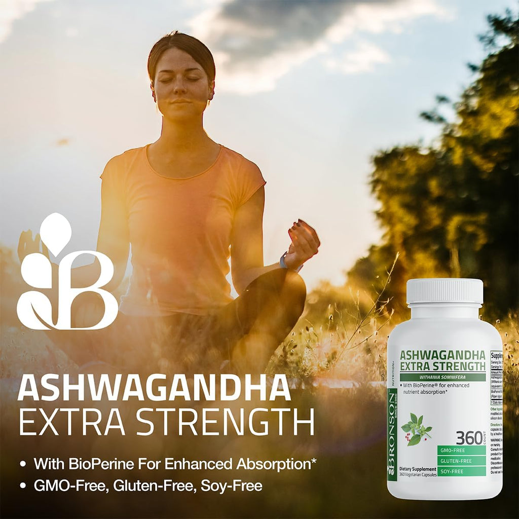 Bronson Ashwagandha Extra Strength Stress & Mood Support with BioPerine - Non GMO Formula, 120 Vegetarian Capsules