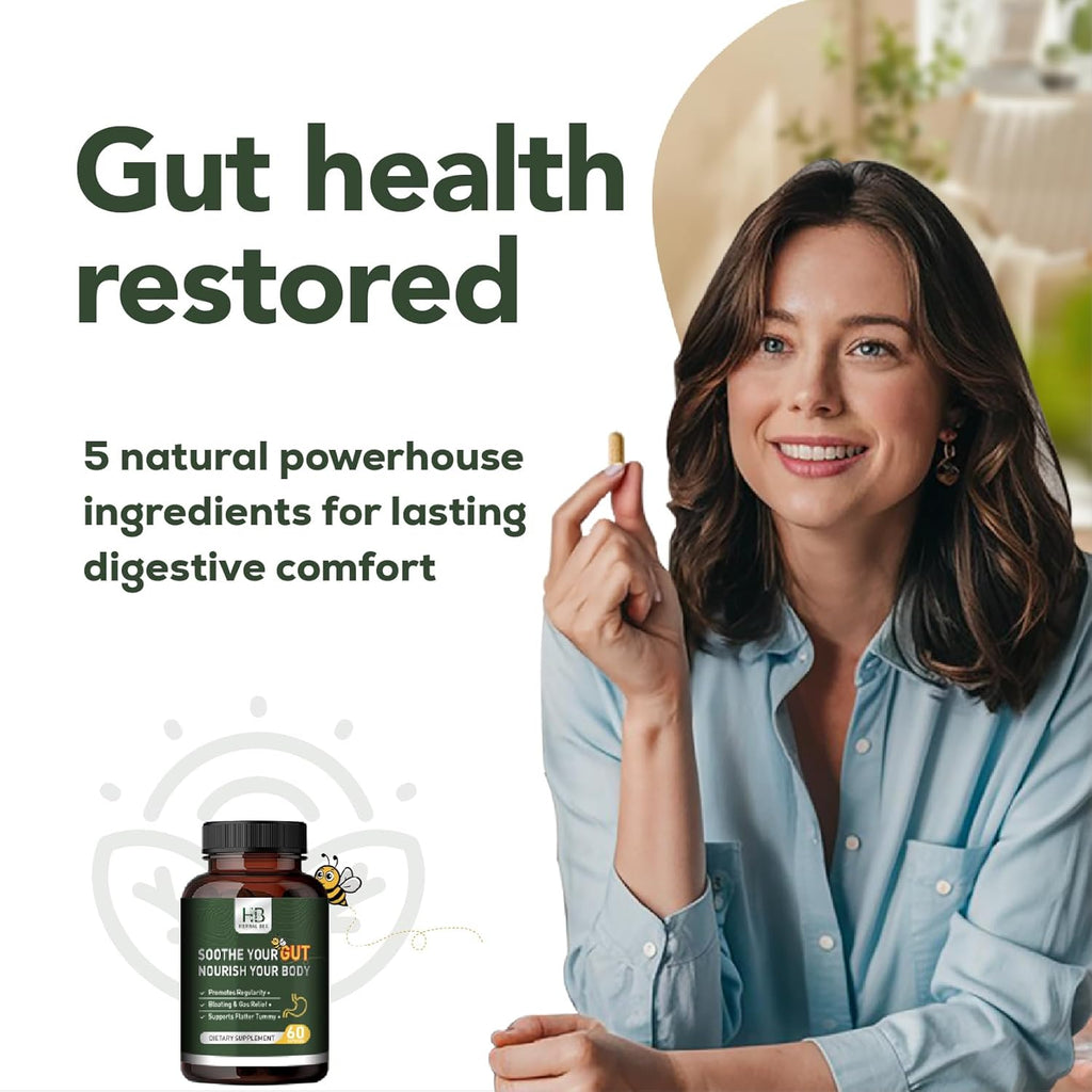 Herbal BEE Gut Health - Gas and Bloating Relief, Constipation, Leaky Gut Repair - Gut Cleanse & Restore Digestion - Promote Regularity, Colon Cleanser, 60 Capsules