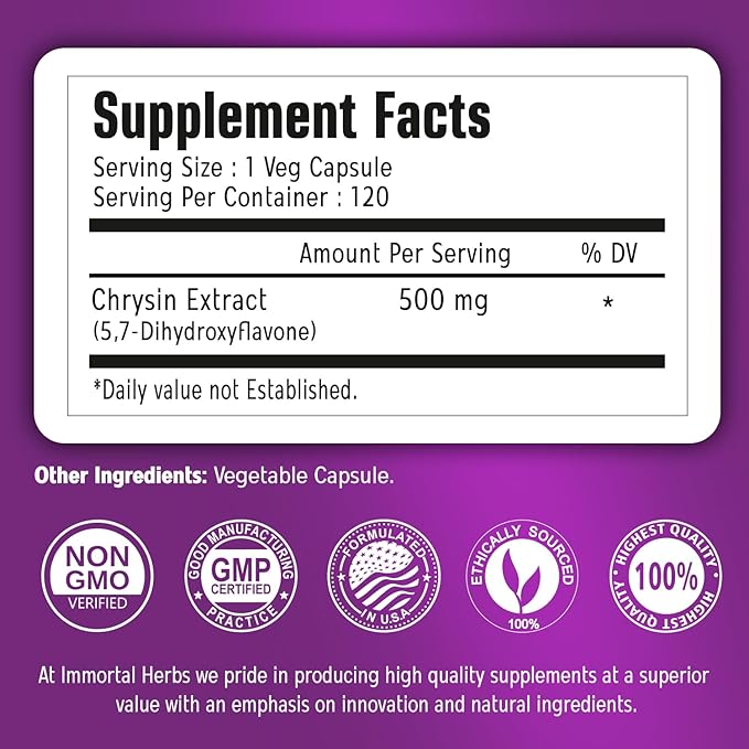 Chrysin Supplement 500mg, 120 Pills, Passion Flower Extract Powder, 5,7-Dihydroxyflavone, Non-GMO and Gluten-Free Chrysin Supplement for Men and Women