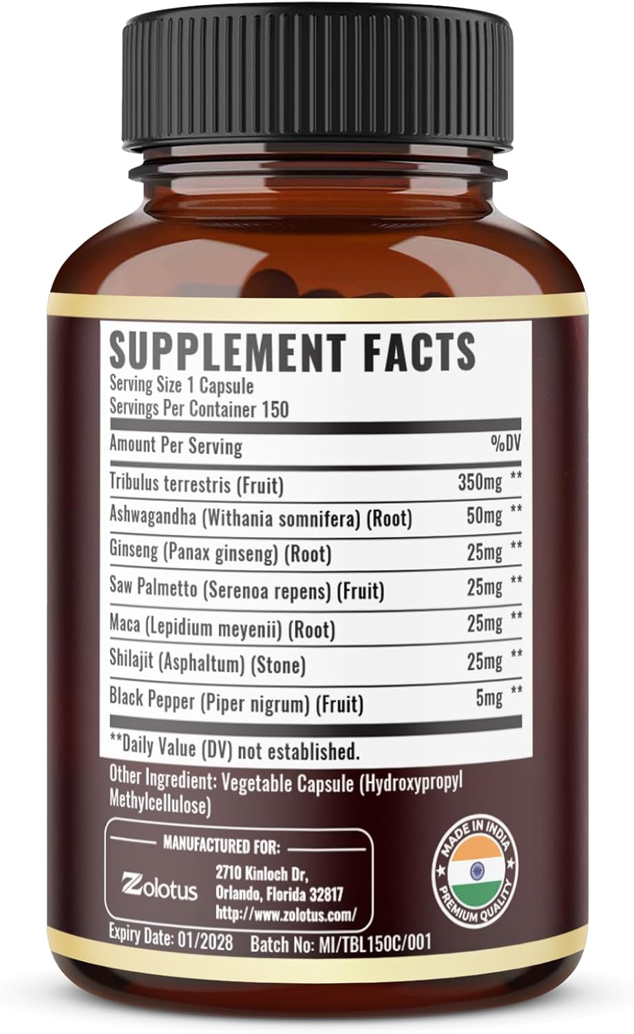 Tribulus Terrestris Supplement for Men & Women, 5-Month Supply with Ashwagandha, Panax Ginseng, Saw Palmetto, Maca, Shilajit, 150 Count