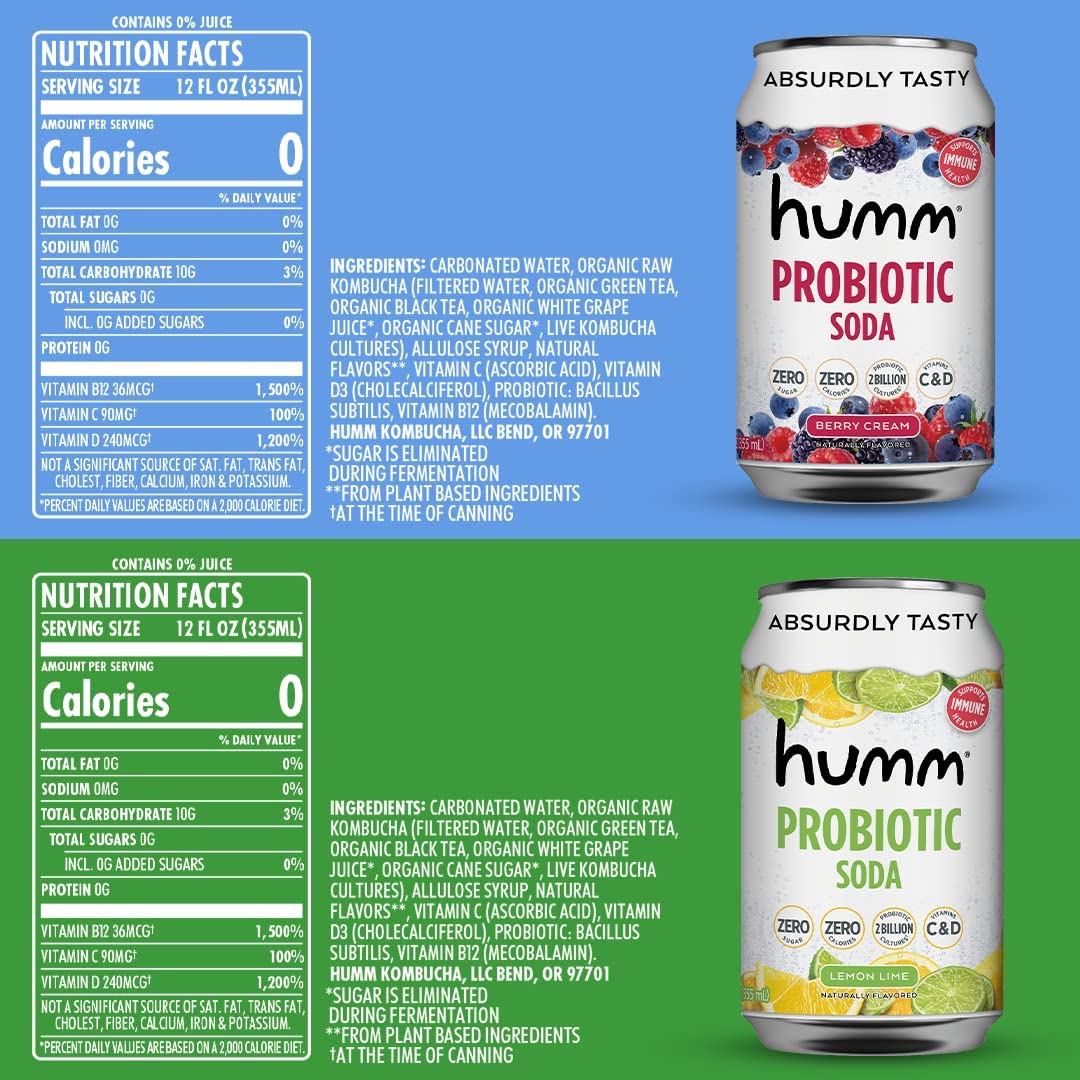 Humm Sparkling Probiotic Soda Variety Pack, Lemon Lime & Berry Cream, Zero Sugar, Zero Calorie, 2 Billion Probiotics, Vitamin C, D, and B12, 12 fl oz (12 Pack)