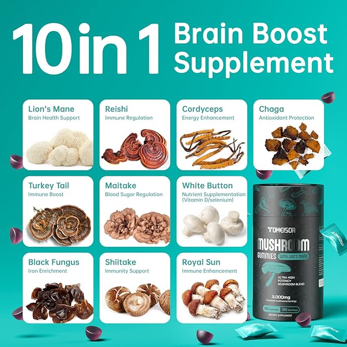 Lions Mane Mushroom Gummies for Adults, 10 in 1 Mushroom Supplement,Brain Supplements for Memory and Focus & Cognitive Performance,with Chaga, Reishi, etc. 60 Gummies,Individually Packaged