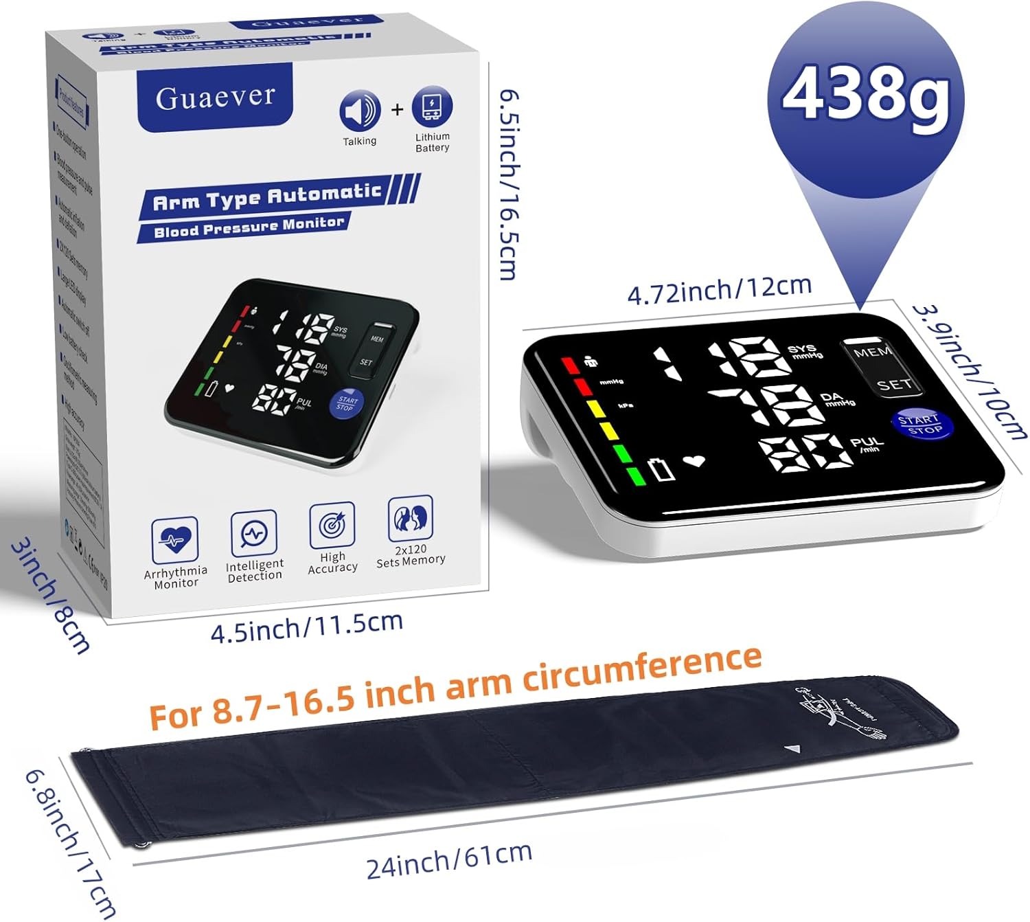 Blood Pressure Monitor Upper Arm Blood Pressure Monitors for Home Use Large Screen Rechargeable Bp Machine with 8.7"-16.5" Bp Cuff, 2x120 Memory, Voice Broadcast Bp Monitor(Black)
