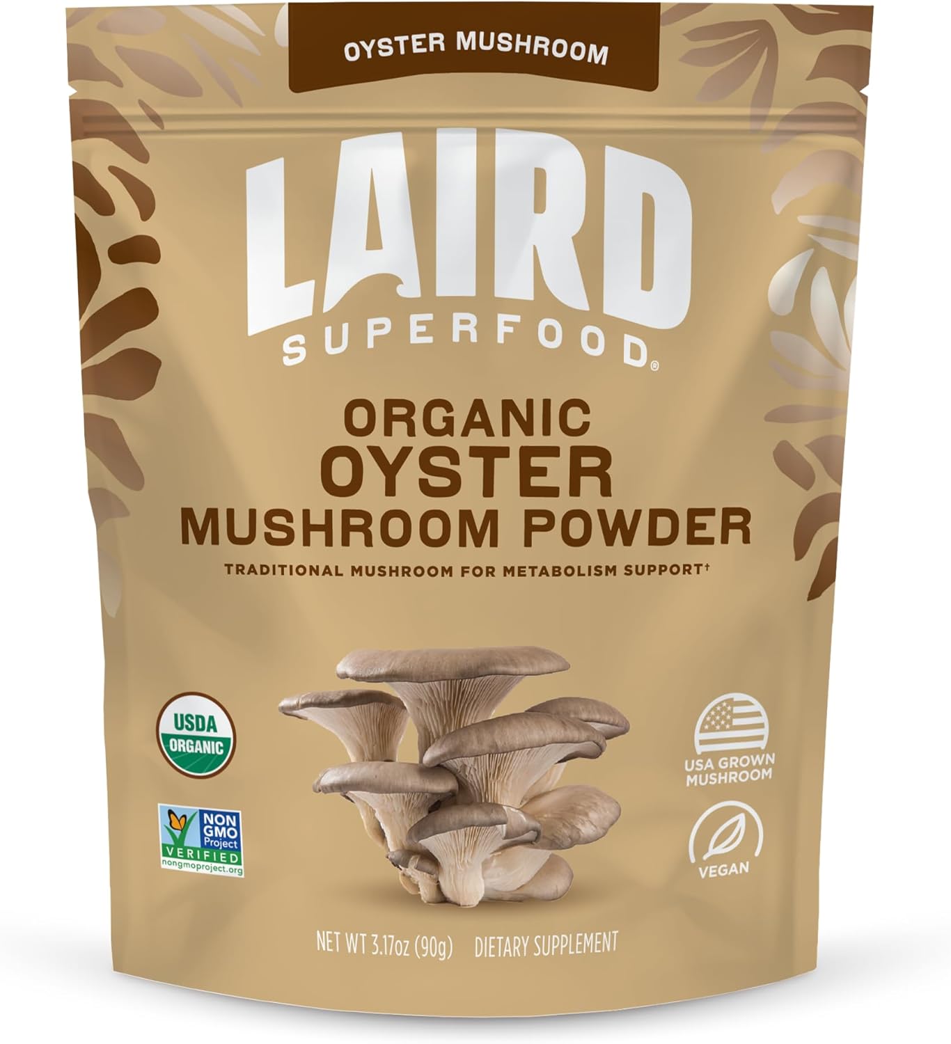 Laird Superfood Organic Oyster Mushroom Powder for Immune and Digestive Support, 3.17 oz. Bag, Pack of 1