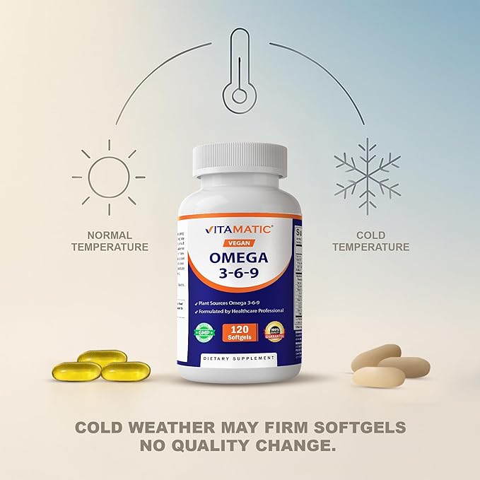 Vitamatic Vegan Omega 3-6-9 Complex 1250mg | Flaxseed, Olive, Borage & Algae Oils | Plant-Based Omegas | 120 Softgels