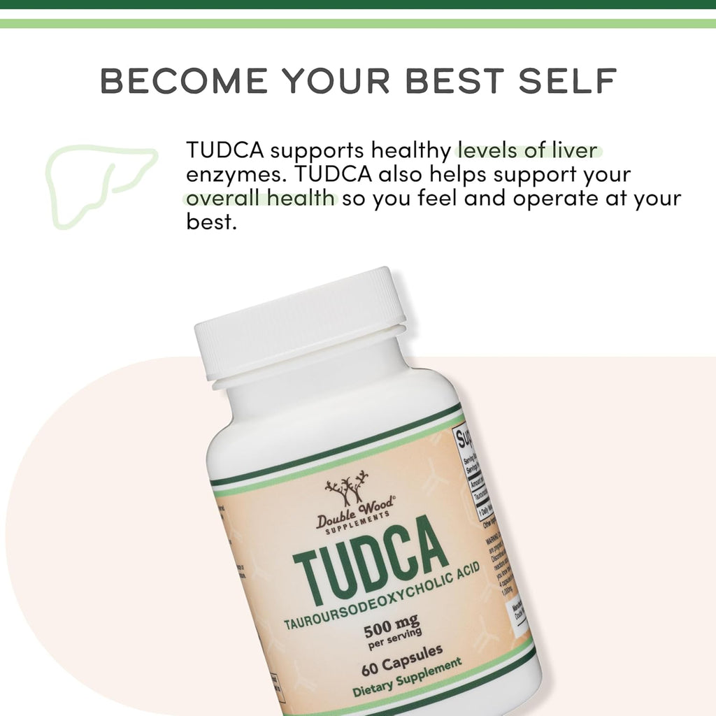 TUDCA Bile Salts Liver Support Supplement, 500mg Servings, Liver and Gallbladder Cleanse Supplement (60 Capsules, 250mg) Genuine Bile Acid TUDCA with Strong Bitter Taste by Double Wood