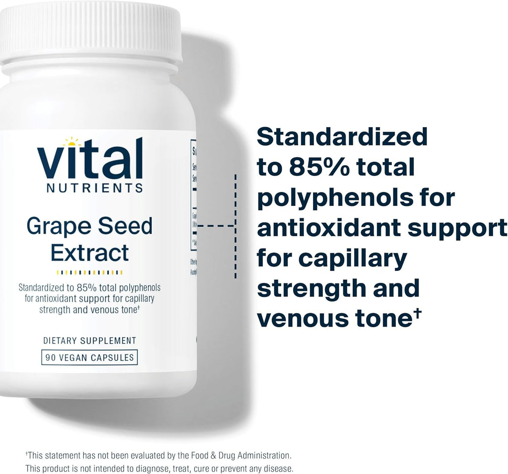 Vital Nutrients Grape Seed Extract 100mg | Potent Antioxidant and Support for Circulation, Capillary, and Vein Health | Gluten, Dairy, Soy Free | Non-GMO | 90 Capsules