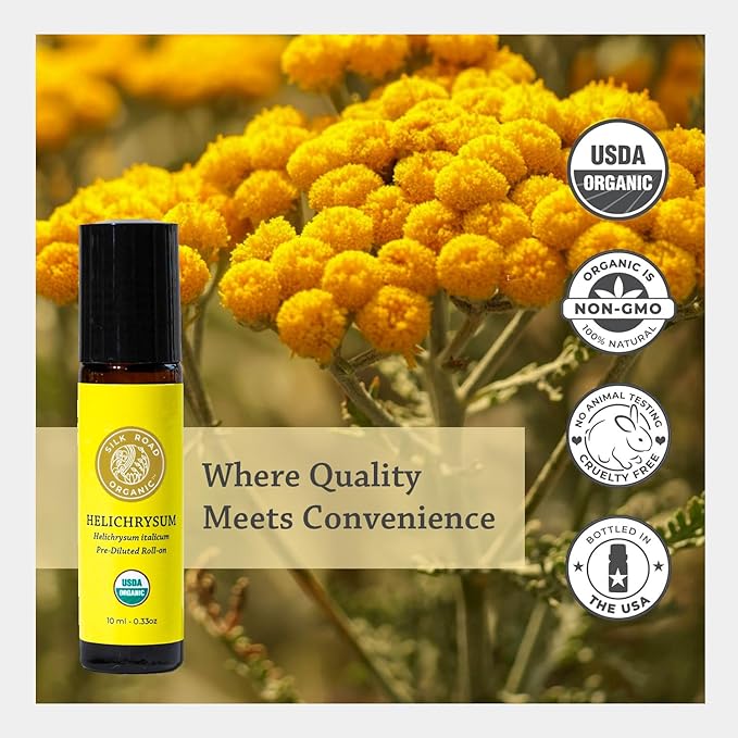 Silk Road Organic Helichrysum Italicum Essential Oil Roll On, 100% Pure USDA Certified Aromatherapy for Skin Vitality & Anti-Aging - 10 ml Roller - Always Pure, Always Organic