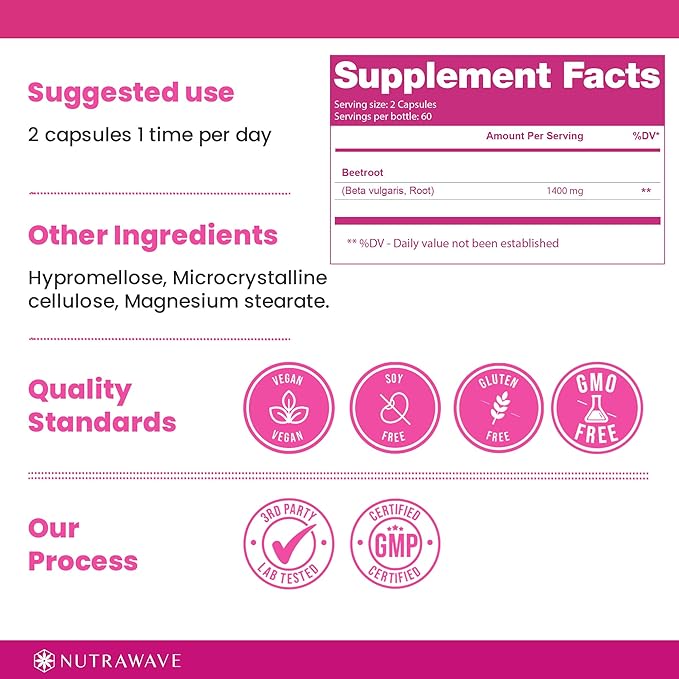 Nutrawave 1400mg Organic Beet Root Capsules, Nitric Oxide Support, Beta Vulgaris Powder – 120 Vegan Capsules / 60-Day Supply - 1 Pack