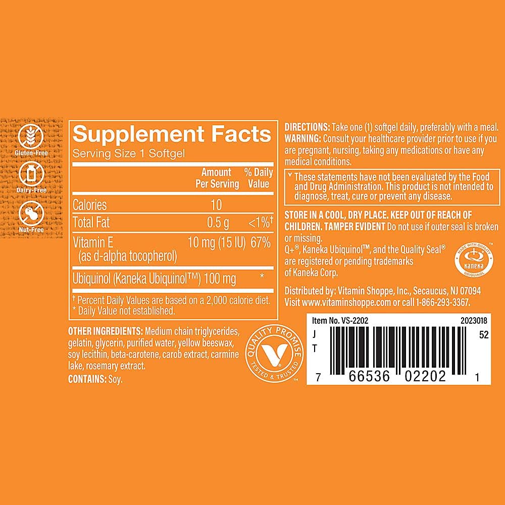 The Vitamin Shoppe Ubiquinol CoQ-10 100mg - Beneficial for Those Taking Statins – Supports Heart & Cellular Health and Healthy Energy Production, Essential Antioxidant – Once Daily (30 Softgels)