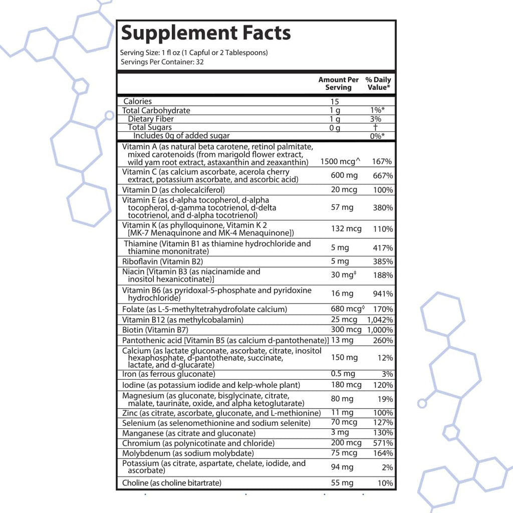 Drucker Labs Organic Sugar-Free All-in-One Performance Liquid Multivitamin for Men & Women | Non-GMO, Gluten & Dairy Free | with Magnesium, Zinc, Vitamins D, C & E | 32 oz