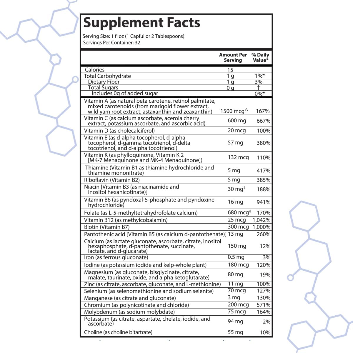 Drucker Labs Organic Sugar-Free All-in-One Performance Liquid Multivitamin for Men & Women | Non-GMO, Gluten & Dairy Free | with Magnesium, Zinc, Vitamins D, C & E | 32 oz