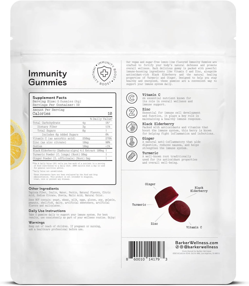 Barker Wellness Immunity Gummies | Vitamin C, Zinc, Elderberry, Turmeric & Ginger | Immune Support | Vegan, Sugar-Free | Lemon Lime Flavor | 60 Gummies