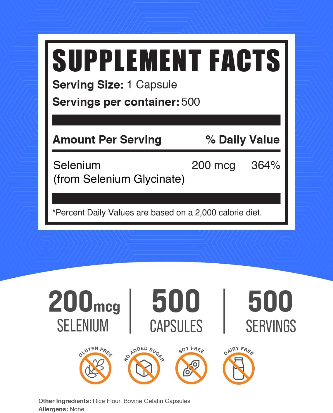 BulkSupplements.com Selenium Glycinate Capsules - Selenium Supplement, Selenium 200mcg Capsules - Essential Trace Mineral, Gluten Free, 1 Capsule per Serving, 500 Count (Pack of 1)