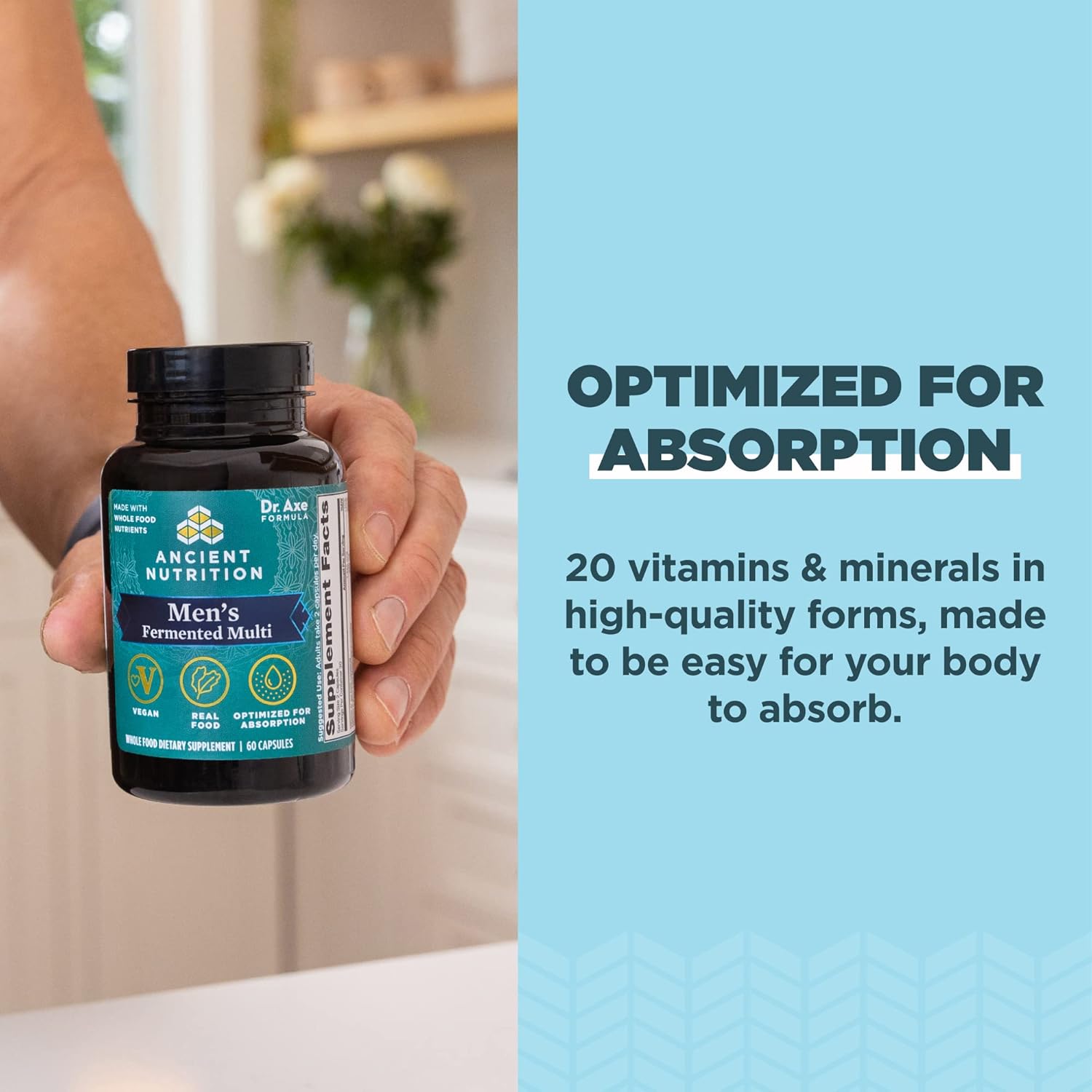 Ancient Nutrition Multivitamin for Men, Men's Fermented Multivitamin with Vitamin A, C, D, E, K, Zinc & Magnesium, Immune Support, Vegan, 60 Ct