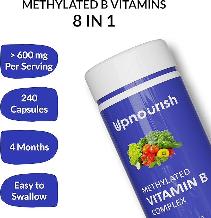 UpNourish Methylated B Complex Vitamins for Women and Men, 240 Veggies Capsules - Active Pure B Complex with Organic Fruits, Vegetables, B1 Thiamine, B2 Riboflavin, B3 Niacin, Folate, Methylcobalamin