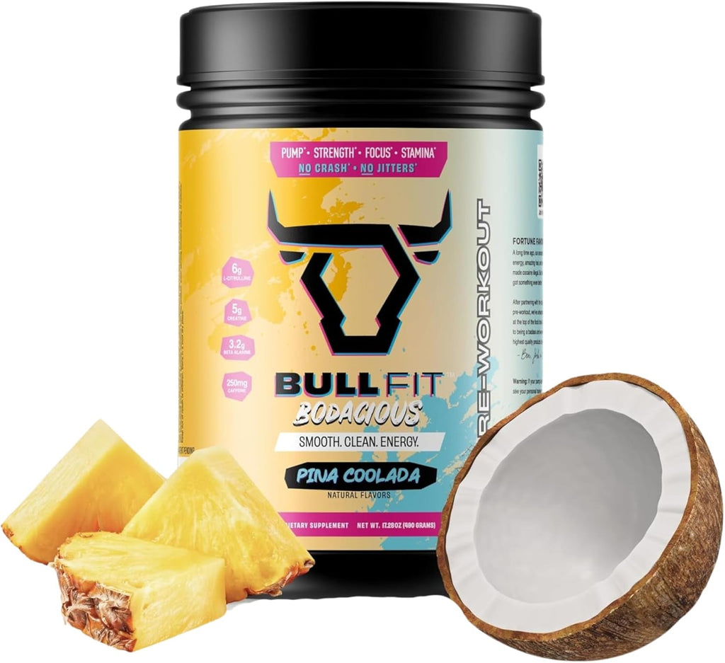 BULLFIT Pre Workout Powder, Pina Coolada Flavor, Pre-Workout Support for Men & Women, L Citrulline, Creatine, Beta Alanine & Electrolytes, Powdered Drink Mix with No Sucralose & Zero Sugar, 20 Srvgs