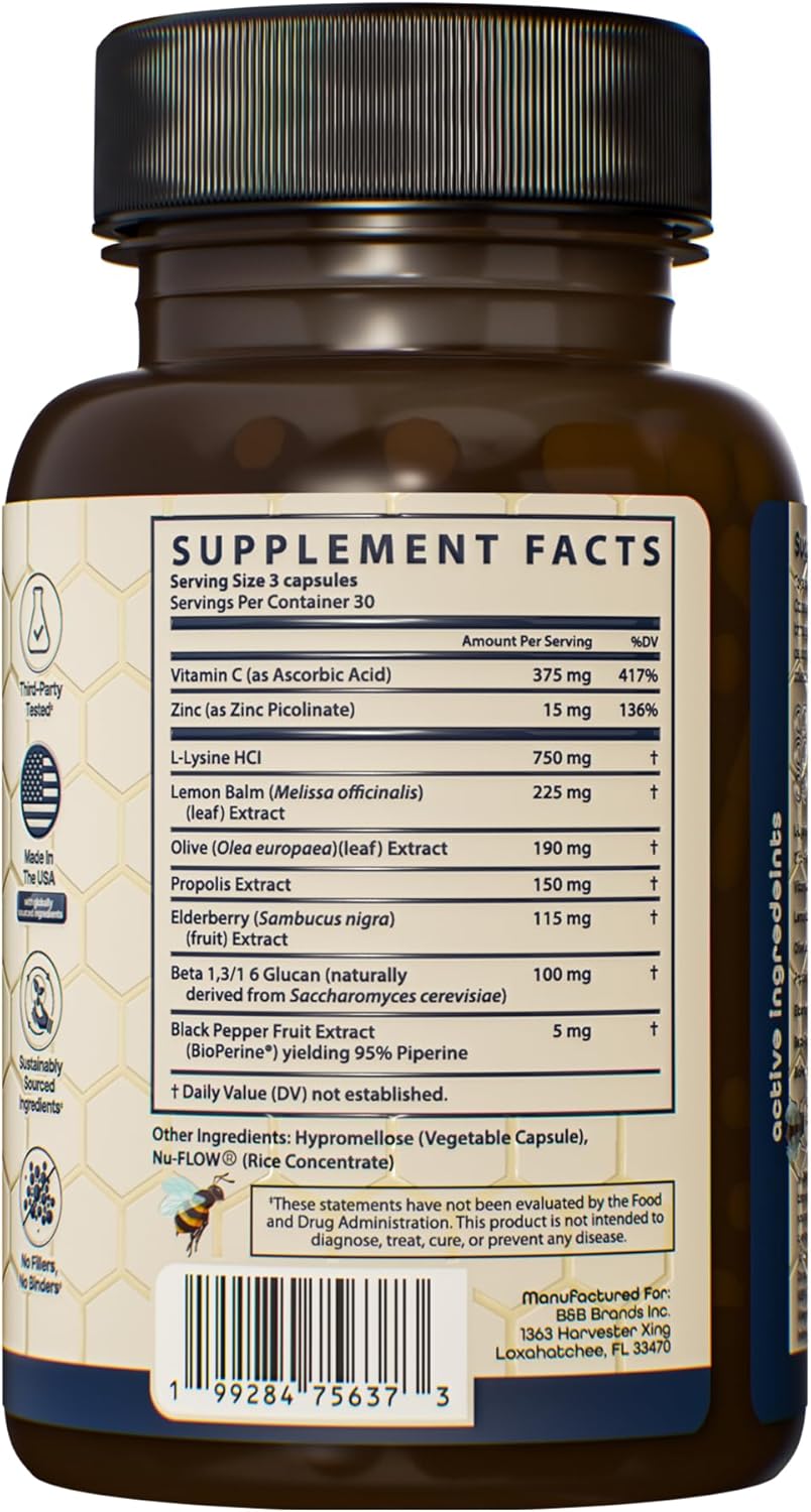 L Lysine Cold Sore Treatment Support, Herbal Cold Sore Supplement w/Zinc Picolinate, Olive Leaf Extract, Beta Glucan, & Bee Propolis for Skin & Lip Health, 90 Capsules
