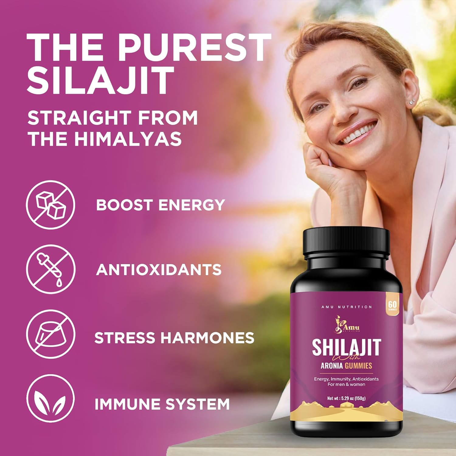 Shilajit Gummies for Men & Women with Aronia Berries (60 Count (Pack of 1), Aronia Berries)