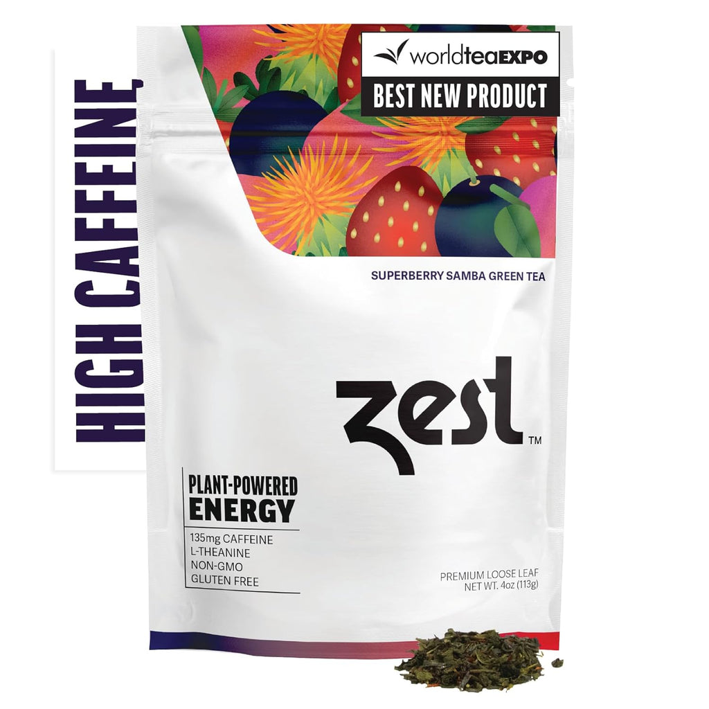 Zest 135mg High Caffeine Energy Loose Leaf Blend - Superberry Samba Green Tea - 4 Oz - Hot or Iced - All Natural Strong Flavored Healthy Coffee Highly Caffeinated Substitute - Perfect for Keto Diet