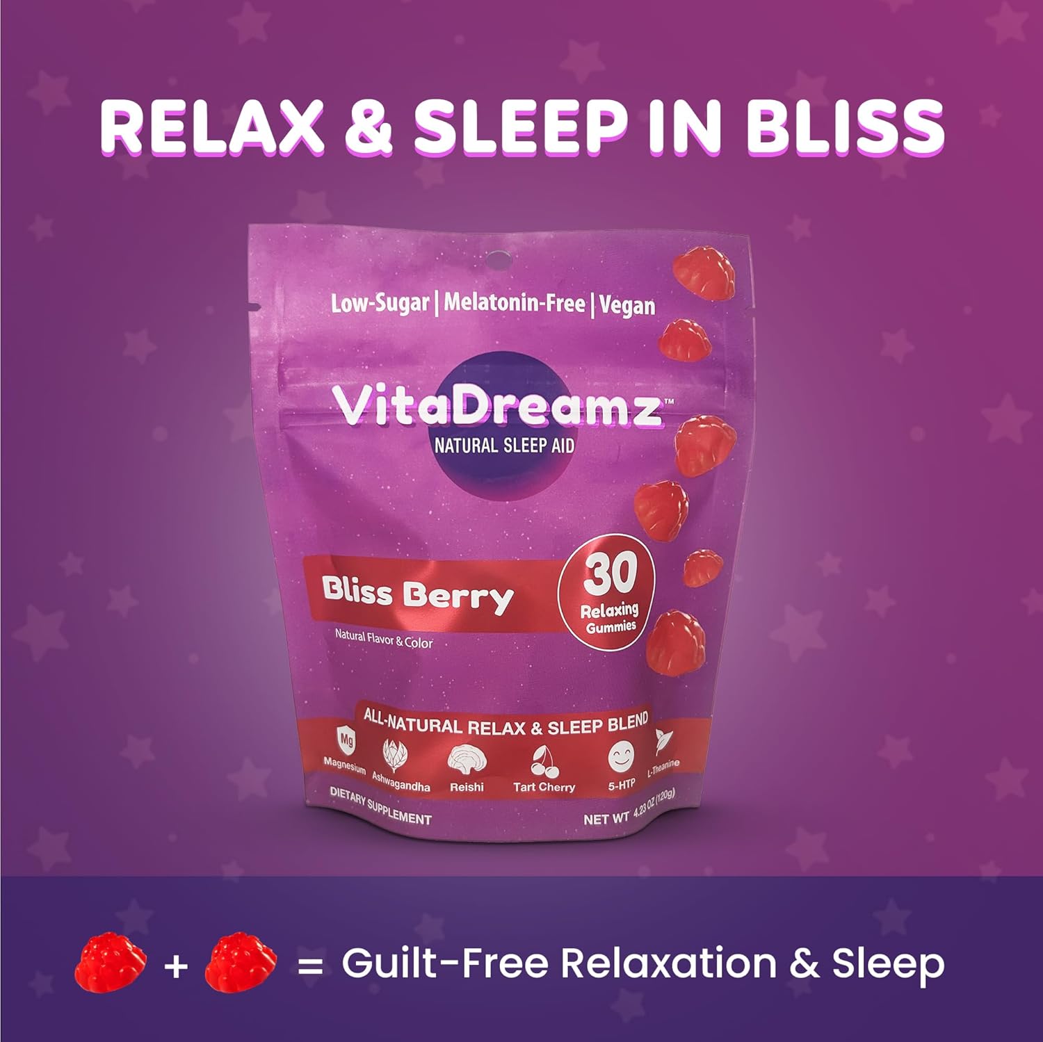 Magnesium Gummies Relax & Sleep | No Melatonin | Daytime Calm & Nighttime Sleep Aid | Ashwagandha, Reishi, Tart Cherry, 5-HTP, L-THeanine | 1g of Sugar, Vegan, Non GMO, Berry Flavored
