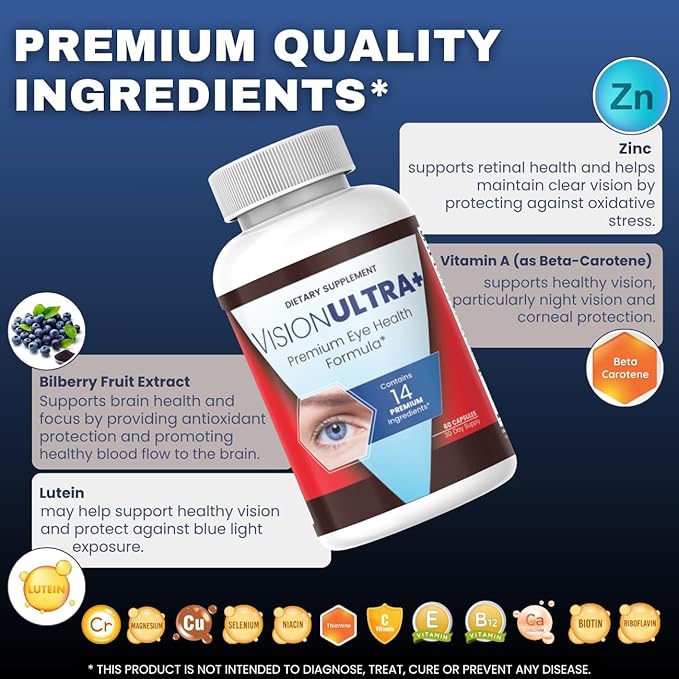 VisionUltra+ Eye Support Supplement Premium Blend*, Vision Ultra+ Capsules Eye Formula with Lutein, Beta-Carotene, Vitamin B12 and Zinc (60 Capsules)