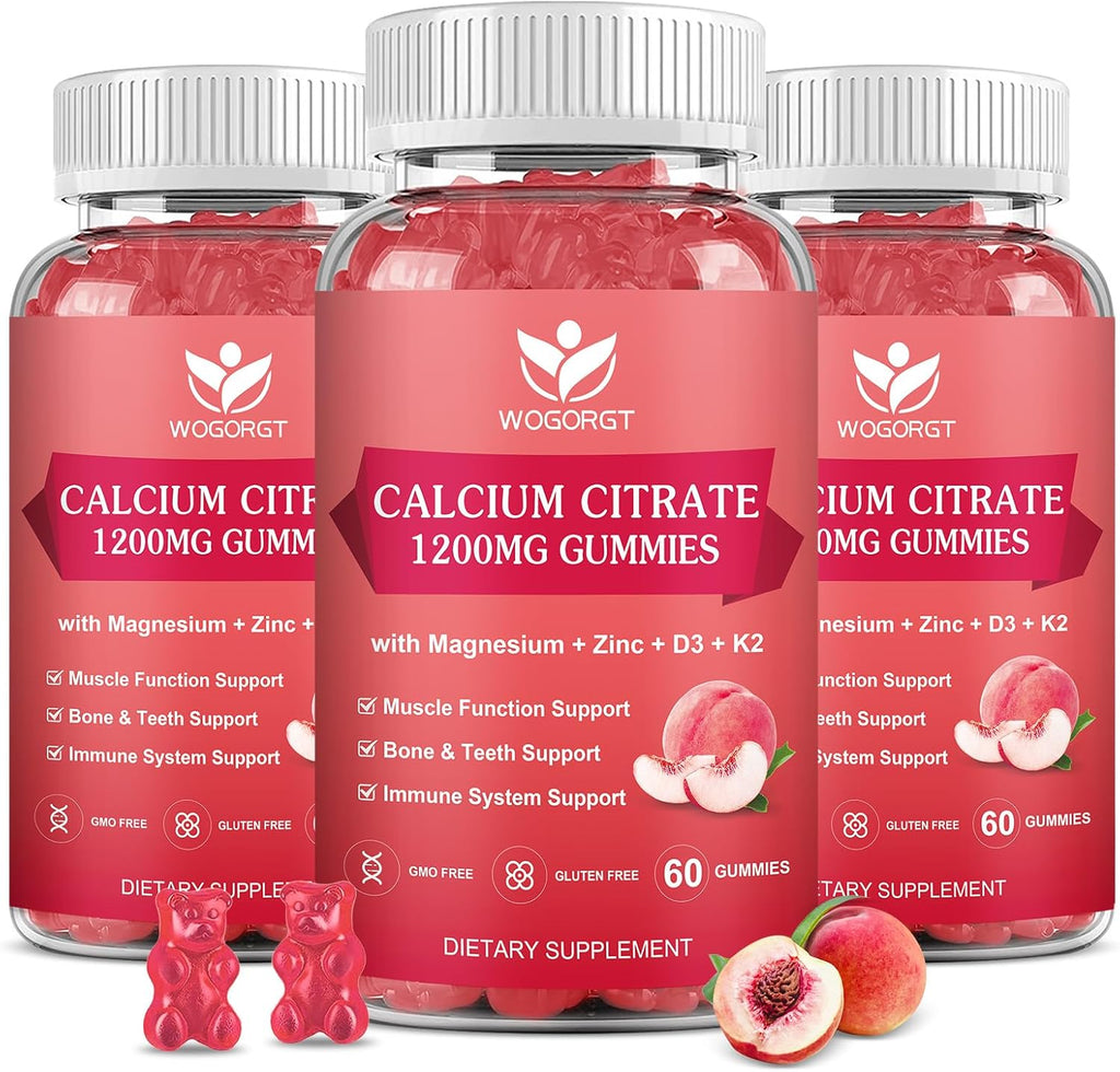 Calcium Citrate 1200mg Gummies with Vitamin D3, K2 - Chewable Calcium Magnesium Zinc d3 Supplement with Sea Moss Extract for Bone, Teeth, Immune Support for Women & Men, Peach Flavor-60 Gummies(3Pack)