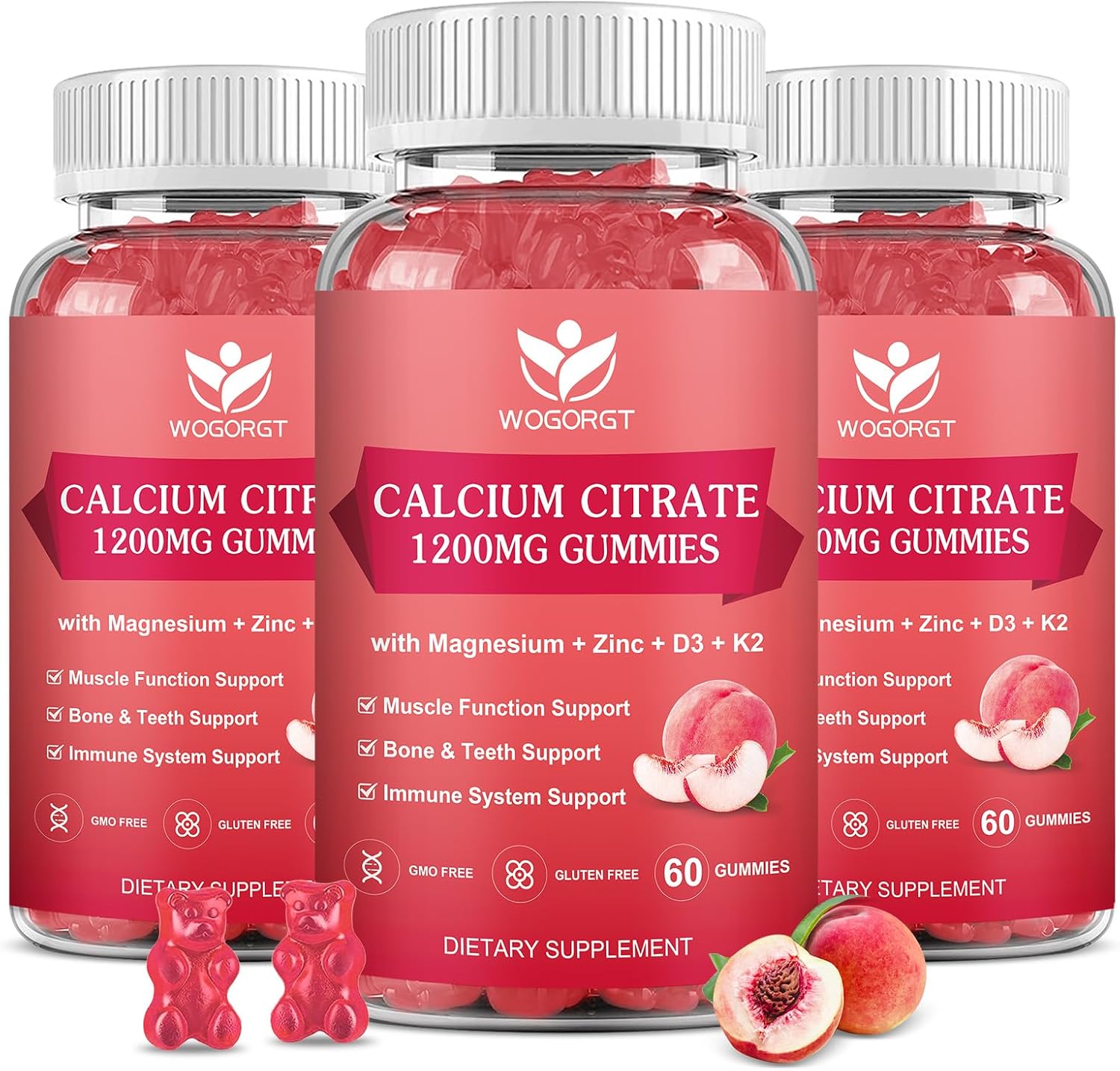 Calcium Citrate 1200mg Gummies with Vitamin D3, K2 - Chewable Calcium Magnesium Zinc d3 Supplement with Sea Moss Extract for Bone, Teeth, Immune Support for Women & Men, Peach Flavor-60 Gummies(3Pack)