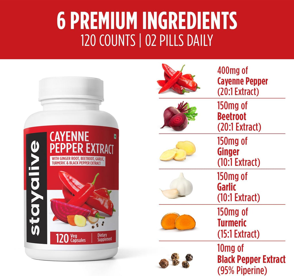 StayAlive Cayenne Pepper Capsules 960mg Super Extract with Ginger, Garlic, Turmeric, Beet Root, Black Pepper, 120 Cayenne Capsules, Support Cardiovascular & Immune System, Capsaicin Supplement Pills