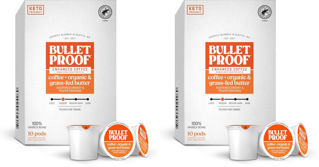 Bulletproof Coffee + Organic Grass-Fed Butter Single-Serve Pods, 10 Count, Keto Coffee, All-in-one Recipe with MCT Oil and Butter, Packaging May Vary (Pack of 2)