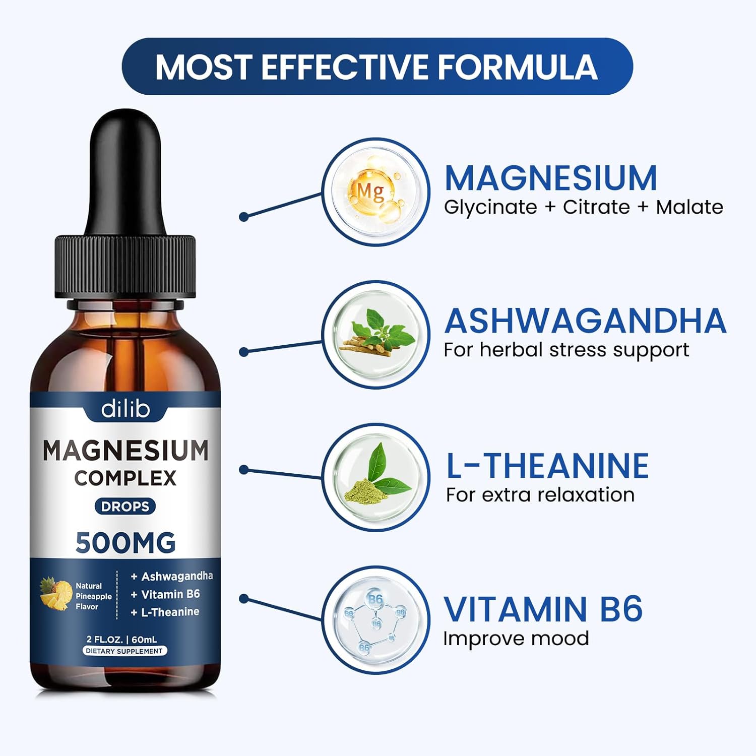 Triple Magnesium Complex Supplement-Magnesium Glycinate, Citrate, Malate Liquid Drops 500mg with Ashwagandha, L-Theanine, Vitamin B6 for Calm, Stress Relief, Sleep, Muscle Support-Pineapple Flavor