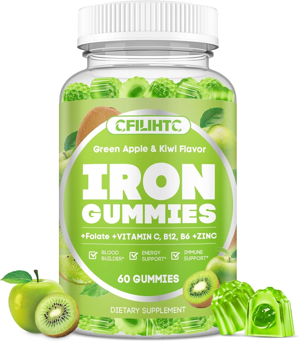 Center-Filled Iron Gummies for Adults & Kids - Iron Supplement with Vitamin B6, B12, C, Zinc, Folate - Support Women Iron Deficiency, Anemia, Blood Builder - Sugar Free Vegan 60ct Apple & Kiwi Flavor