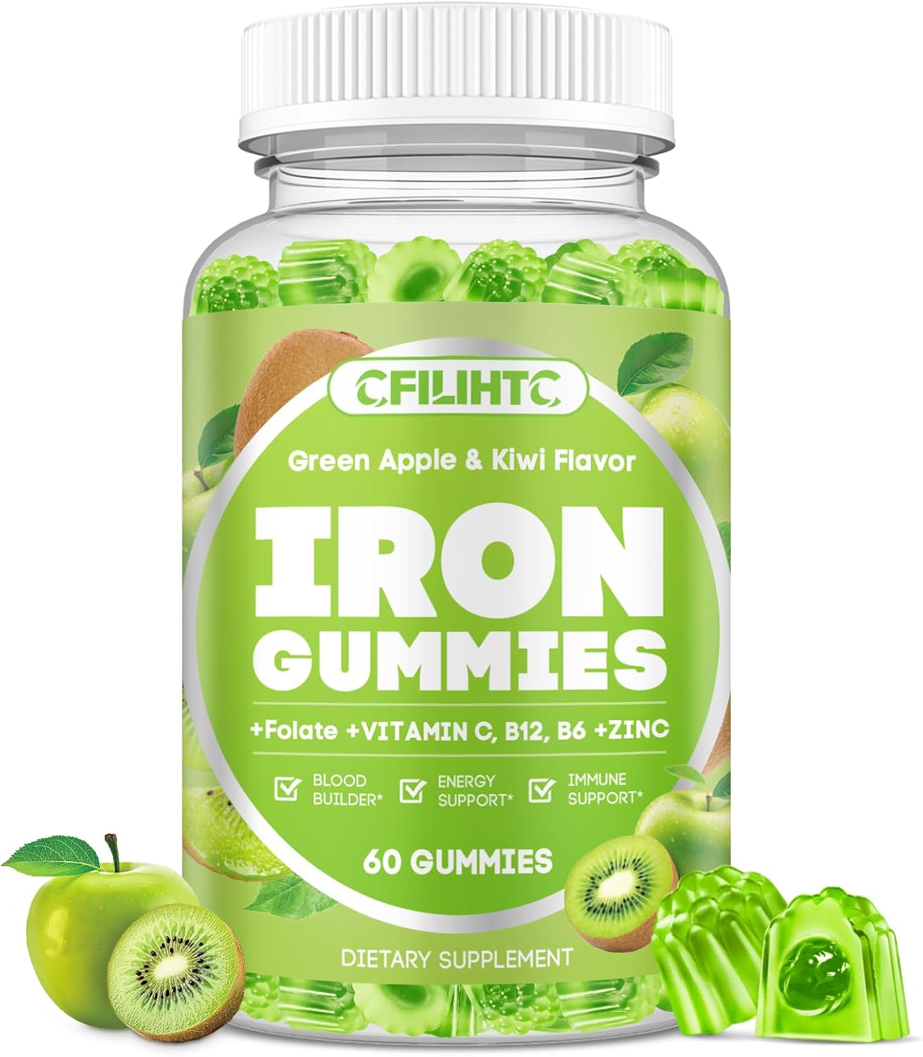 Center-Filled Iron Gummies for Adults & Kids - Iron Supplement with Vitamin B6, B12, C, Zinc, Folate - Support Women Iron Deficiency, Anemia, Blood Builder - Sugar Free Vegan 60ct Apple & Kiwi Flavor