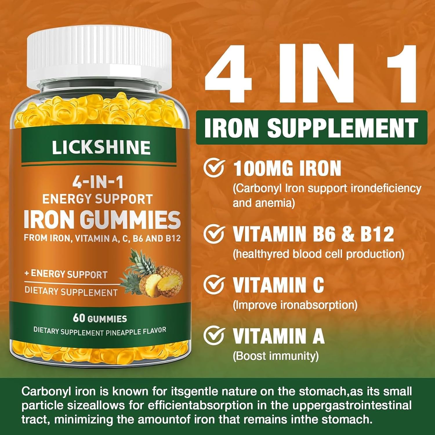 2 Pack Vegan 100MG Iron Supplement Gummies for Women & Men - with Vitamin C, A, B for Adults & Kids - Energy Support for Iron Deficiency, Anemia - Pineapple Flavor (120 Ct)