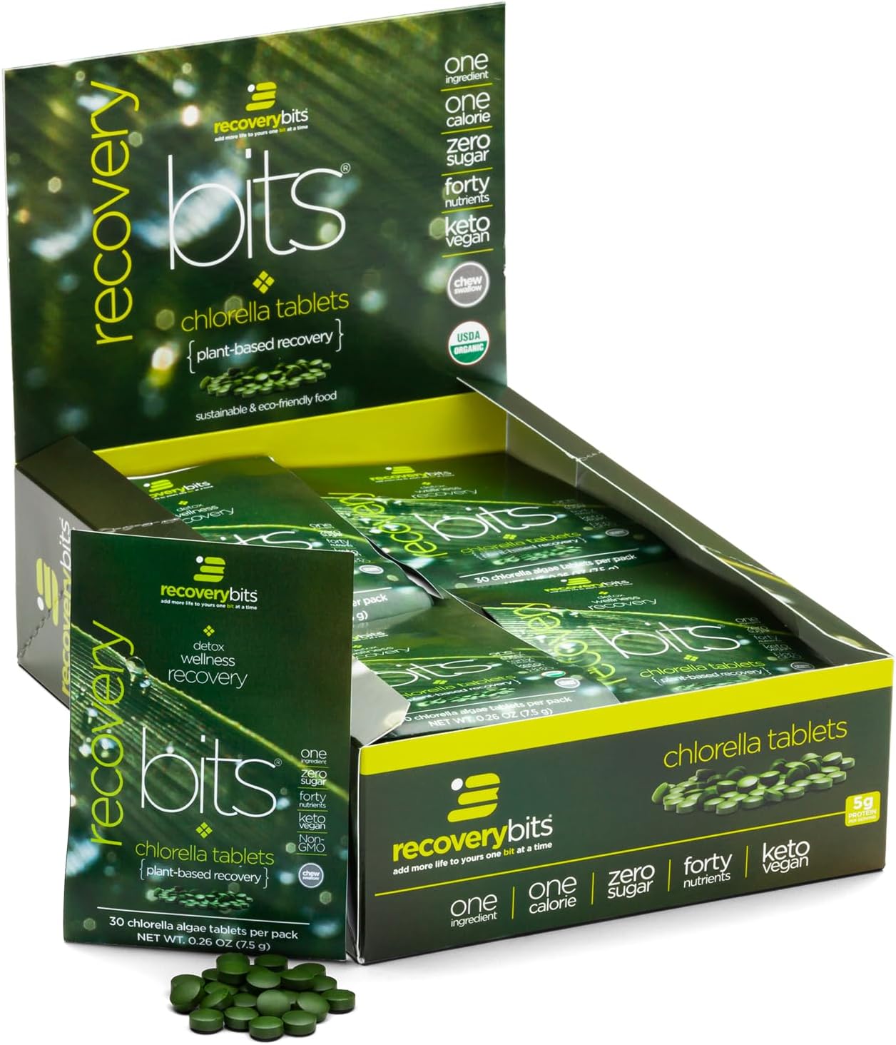 RECOVERYbits - Organic Chlorella Tablets - Plant-Based Algae Superfood - Chlorophyll - Cracked Cell Wall - Energy - Immune System - Detox - Keto - Vegan - Non-GMO - Box of 30 Pouches - 900 Tablets