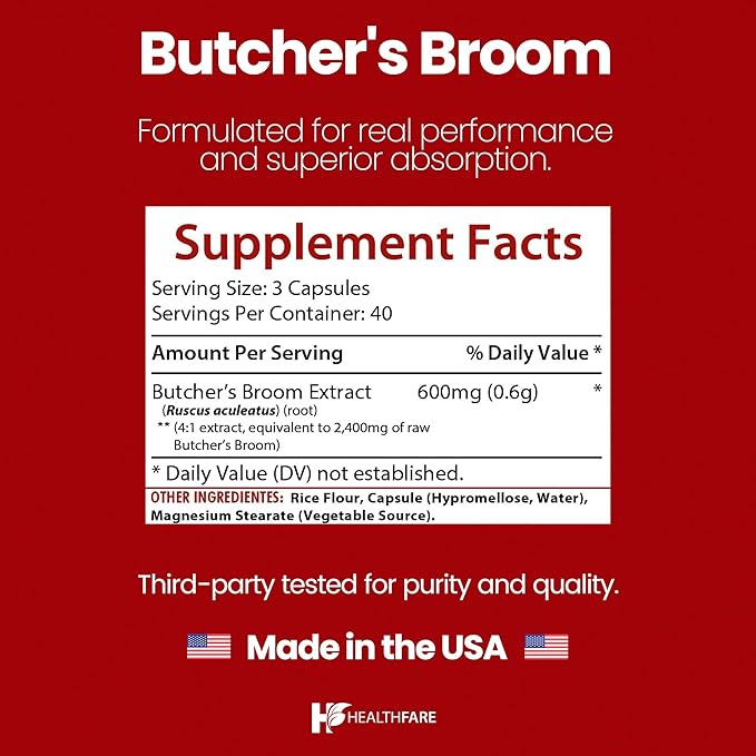Healthfare Butchers Broom Supplement | Capsules Extract 2400mg | 120 Vegetarian Pills | Premium Herbal Root Supplement | Circulation & Vein Support | Non-GMO, Gluten-Free | Made in USA