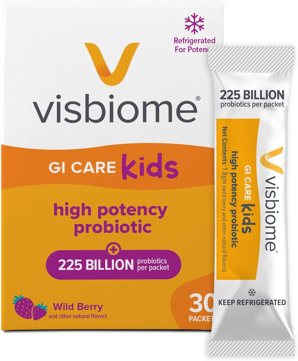 Visbiome® GI Care Kids - High Potency Probiotic for IBS & UC Symptoms - Wild Berry Flavor, No Dyes- 225 Billion CFU Live Probiotics for Children, Cold Chain Shipping, 30 Packets