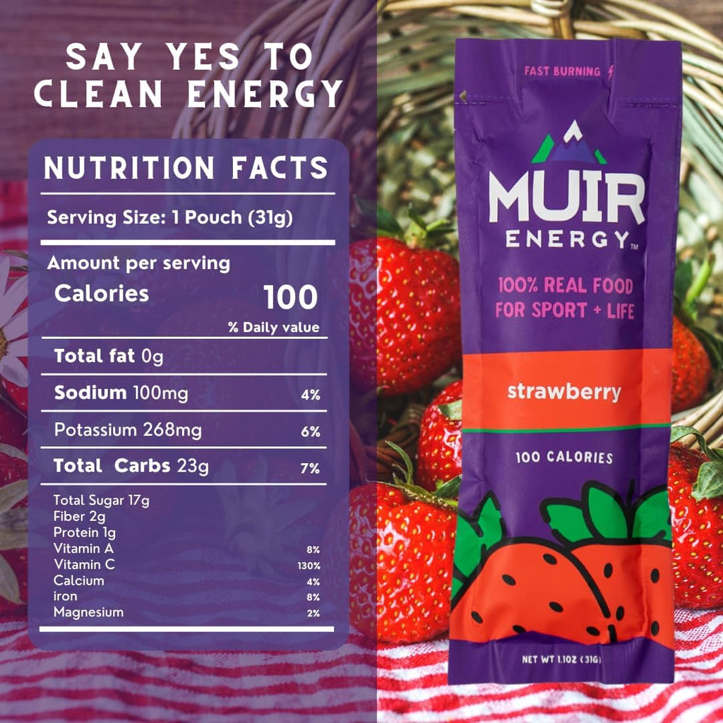MUIR Strawberry Real Food Energy Gel - 10 Count | Organic Vegan Paleo Non-GMO Gluten-Free Fast Burning Endurance Gel | Clean Energy for Runners Cyclists & Athletes | No Artificial Flavors