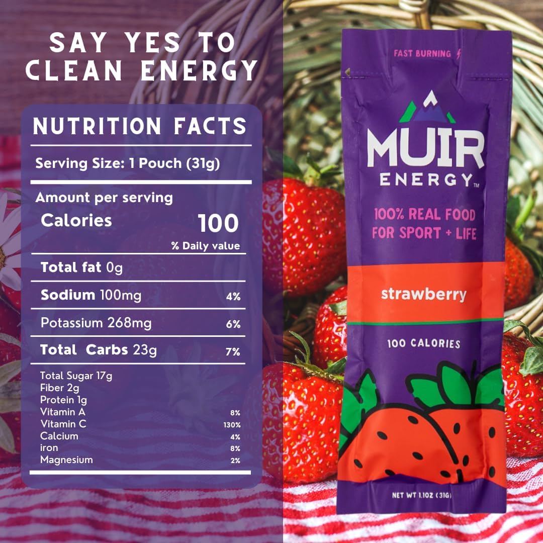MUIR Strawberry Real Food Energy Gel - 10 Count | Organic Vegan Paleo Non-GMO Gluten-Free Fast Burning Endurance Gel | Clean Energy for Runners Cyclists & Athletes | No Artificial Flavors