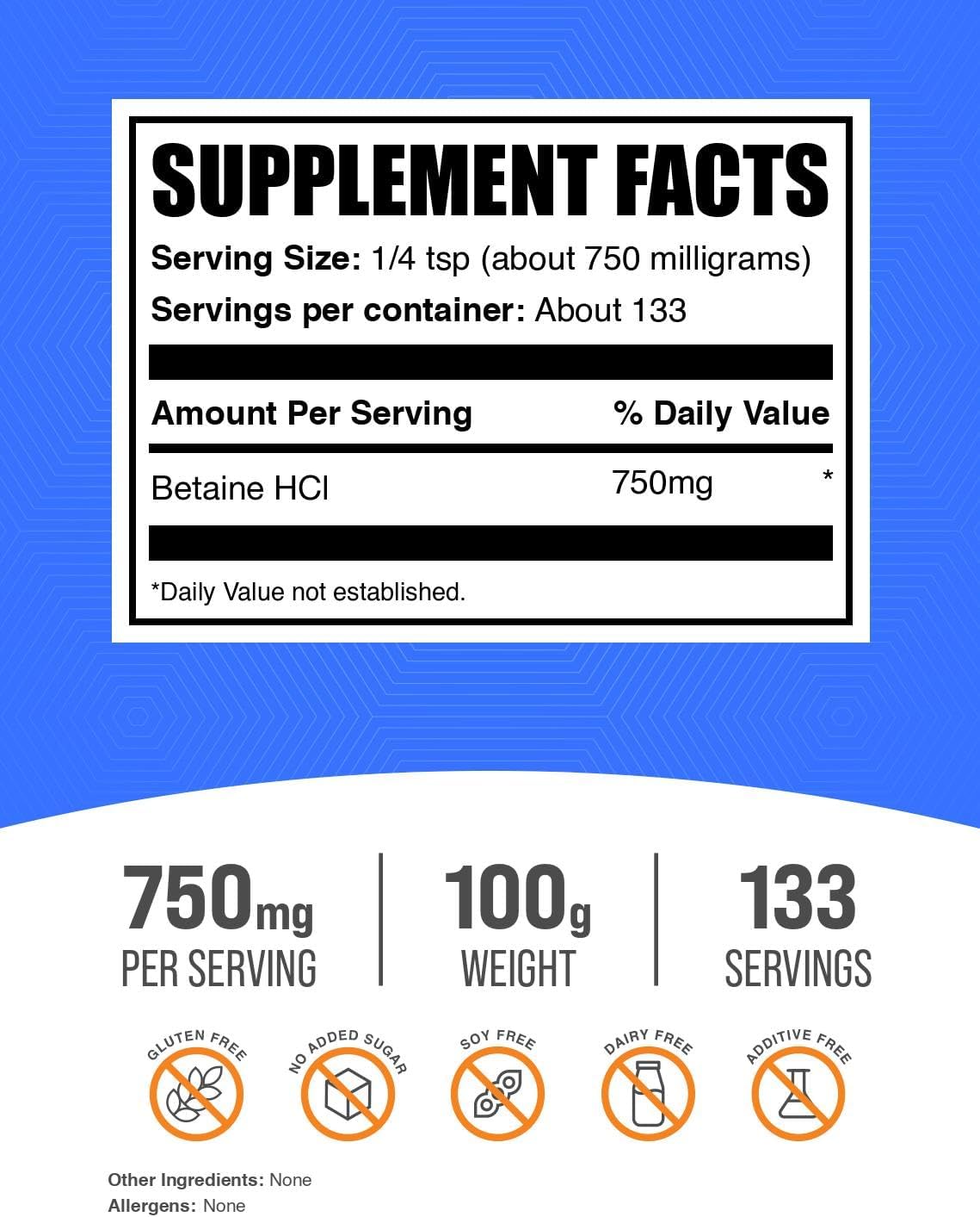 BulkSupplements.com Betaine HCl Powder - Betaine Hydrochloride Supplement, Digestive Support - Gluten Free, 750mg per Serving, 100g (3.5 oz) (Pack of 1)