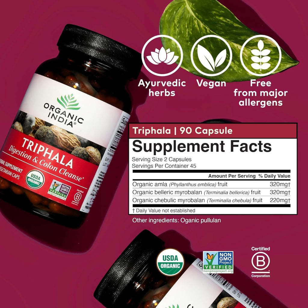 ORGANIC INDIA Triphala Capsules Organic - Herbal Supplement with Amla, Bibhitaki, Haritaki, Digestion & Colon Support, Immune System Support, Adaptogen, Vegan, USDA Certified Organic - 60 Capsules
